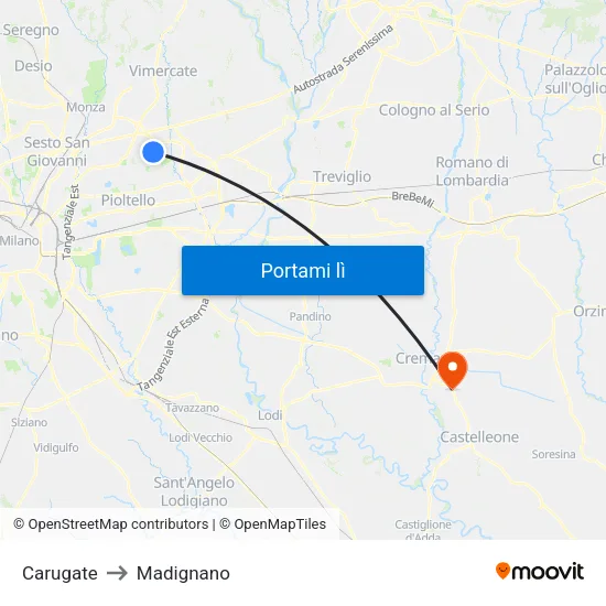 Carugate to Madignano map