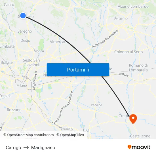 Carugo to Madignano map
