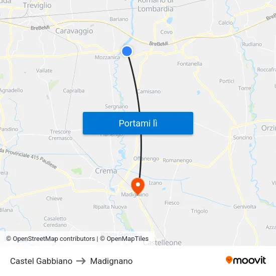 Castel Gabbiano to Madignano map
