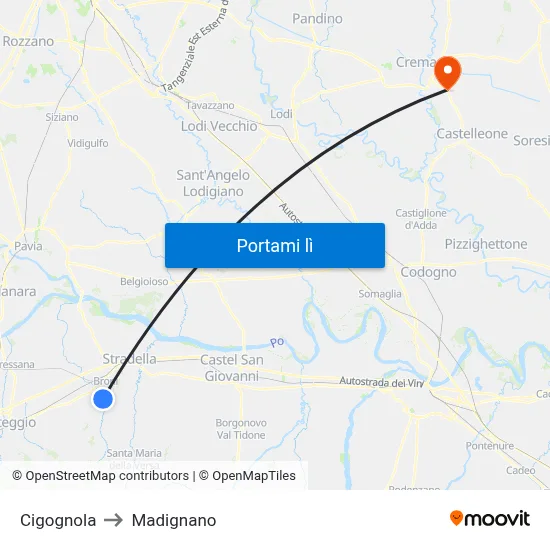 Cigognola to Madignano map