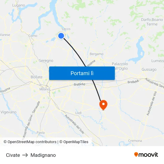 Civate to Madignano map