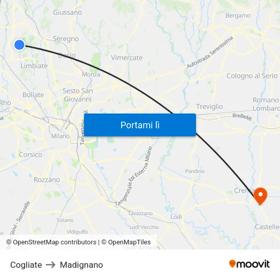 Cogliate to Madignano map
