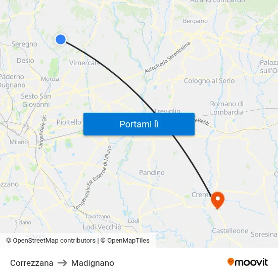Correzzana to Madignano map