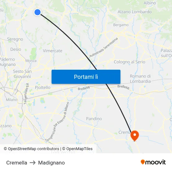 Cremella to Madignano map