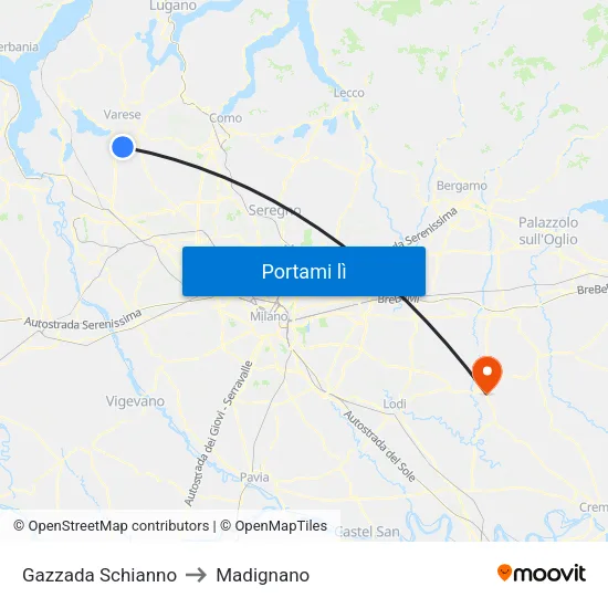 Gazzada Schianno to Madignano map