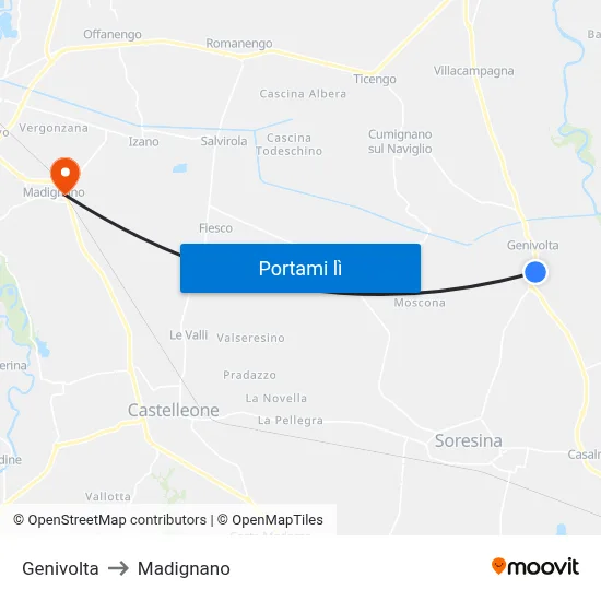 Genivolta to Madignano map