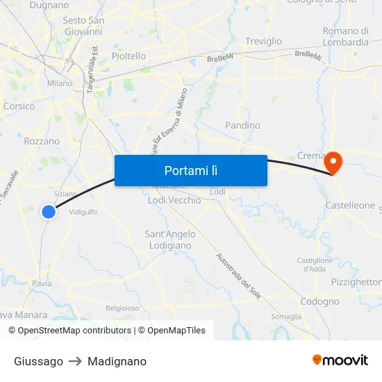 Giussago to Madignano map