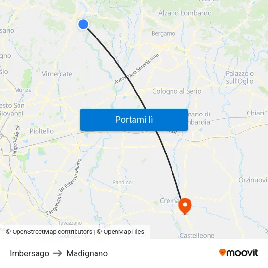 Imbersago to Madignano map