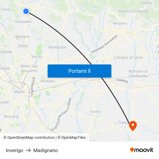Inverigo to Madignano map