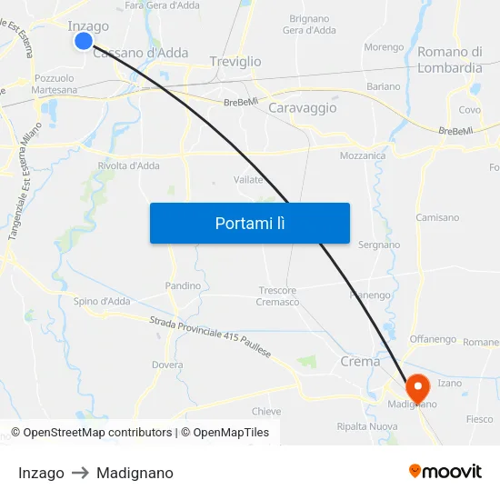 Inzago to Madignano map