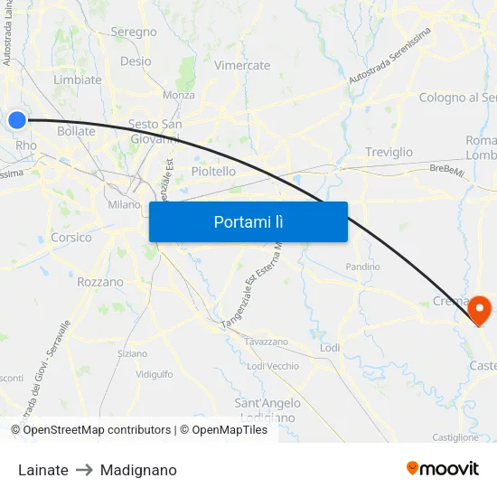 Lainate to Madignano map