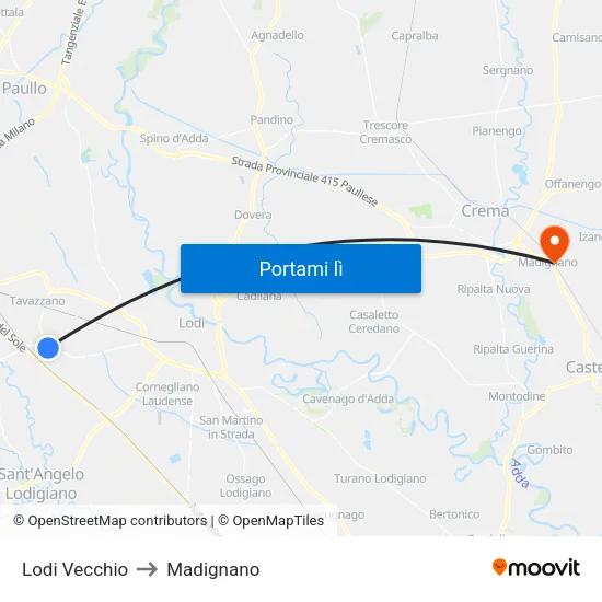Lodi Vecchio to Madignano map