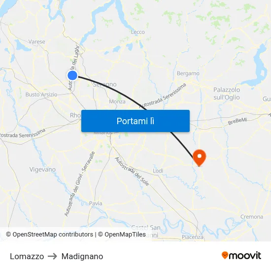 Lomazzo to Madignano map