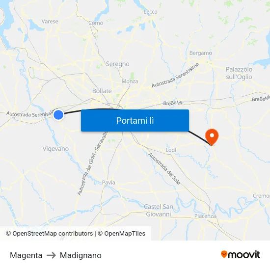 Magenta to Madignano map