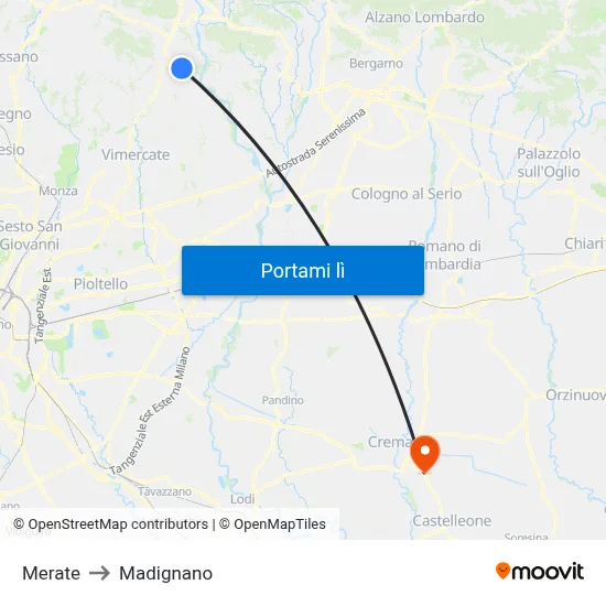 Merate to Madignano map