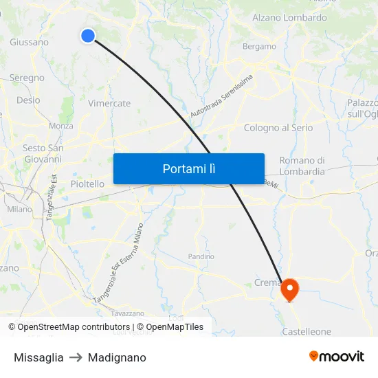 Missaglia to Madignano map
