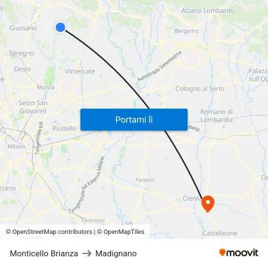 Monticello Brianza to Madignano map