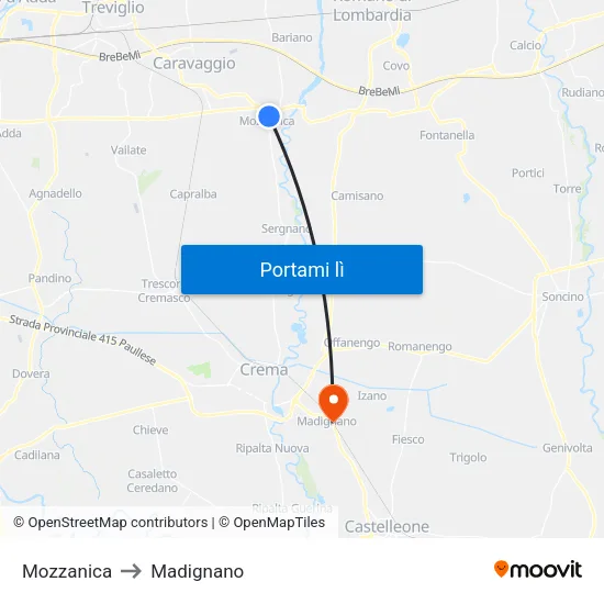 Mozzanica to Madignano map