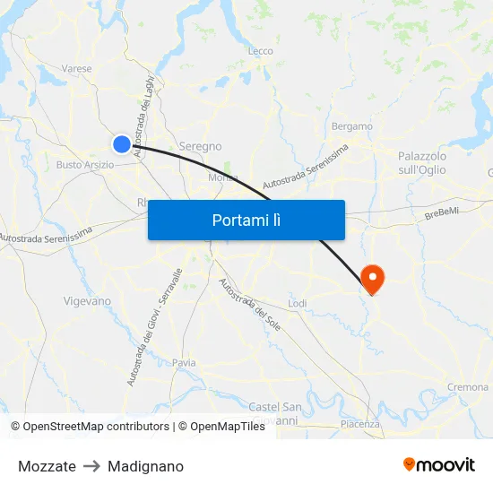 Mozzate to Madignano map