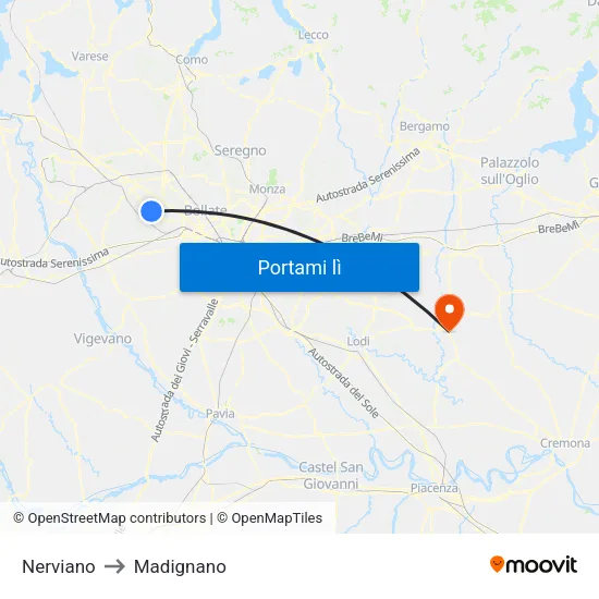 Nerviano to Madignano map