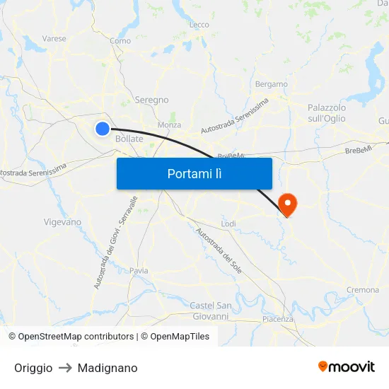 Origgio to Madignano map