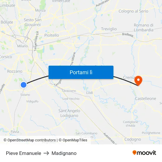 Pieve Emanuele to Madignano map