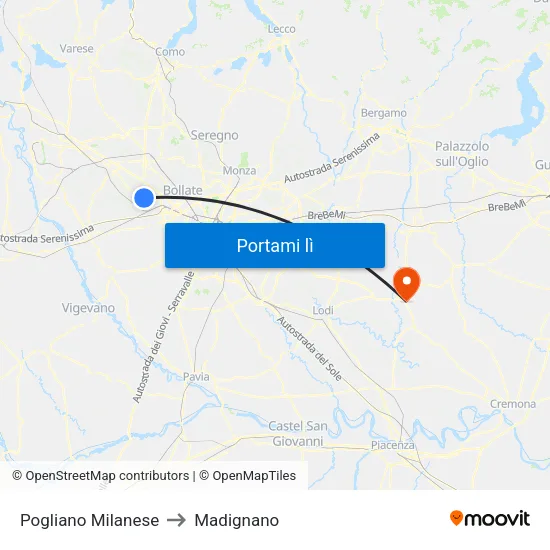 Pogliano Milanese to Madignano map