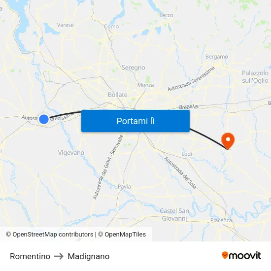 Romentino to Madignano map