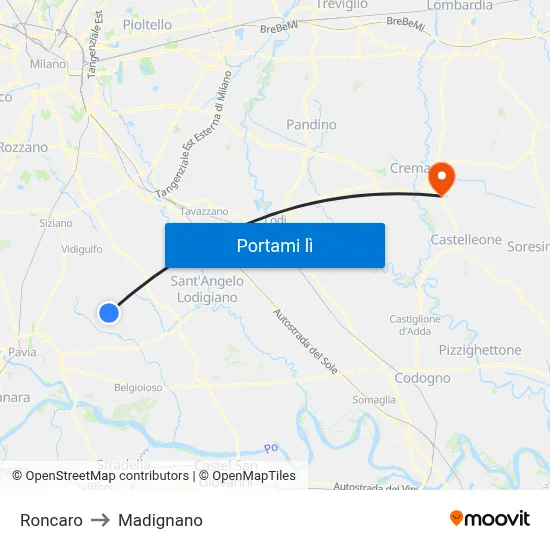 Roncaro to Madignano map