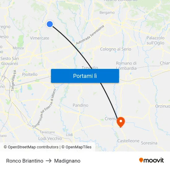 Ronco Briantino to Madignano map