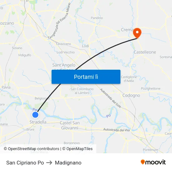 San Cipriano Po to Madignano map