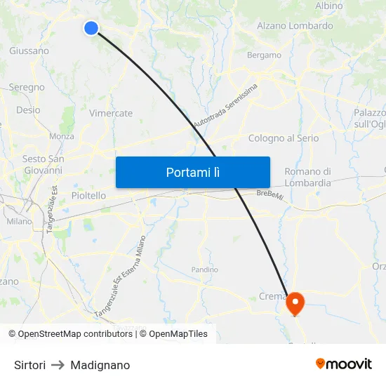Sirtori to Madignano map