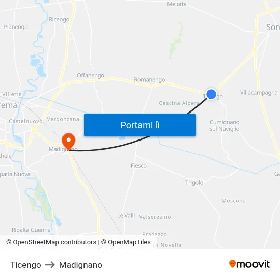 Ticengo to Madignano map