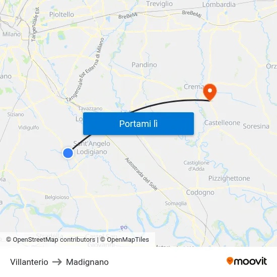 Villanterio to Madignano map