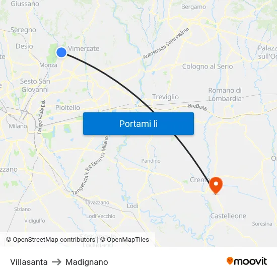 Villasanta to Madignano map