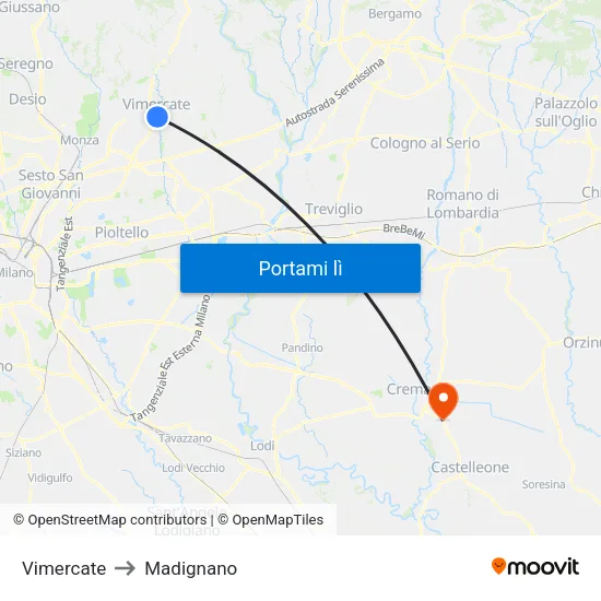 Vimercate to Madignano map