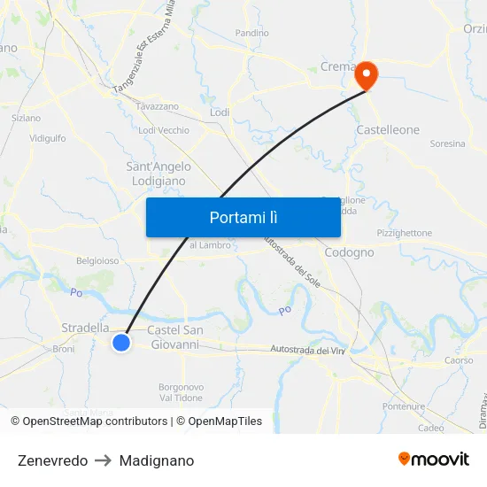 Zenevredo to Madignano map