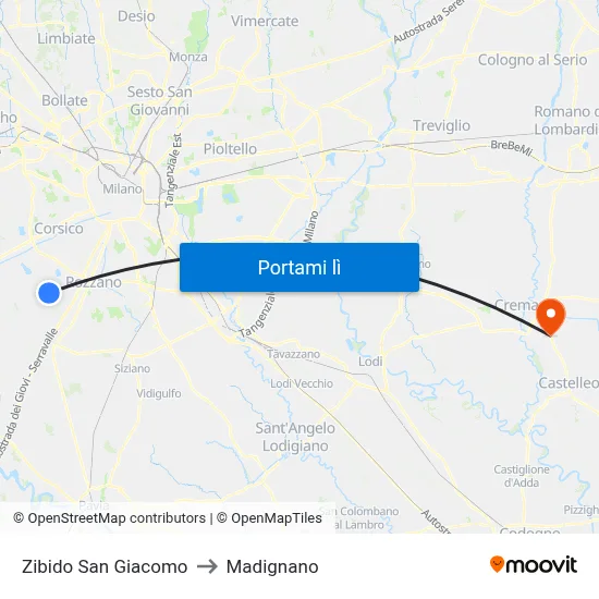 Zibido San Giacomo to Madignano map
