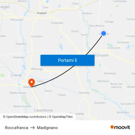 Roccafranca to Madignano map