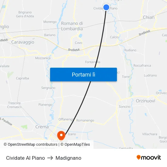 Cividate Al Piano to Madignano map