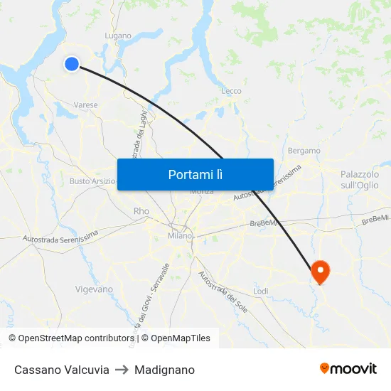 Cassano Valcuvia to Madignano map