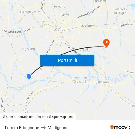 Ferrera Erbognone to Madignano map