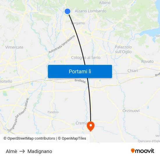 Almè to Madignano map