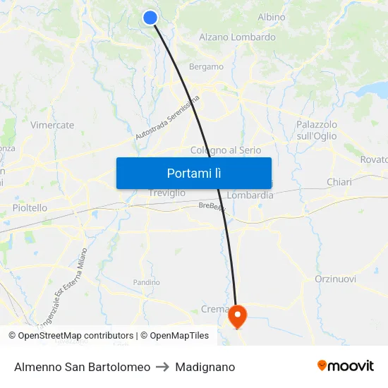 Almenno San Bartolomeo to Madignano map