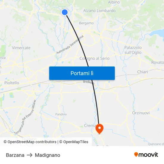 Barzana to Madignano map