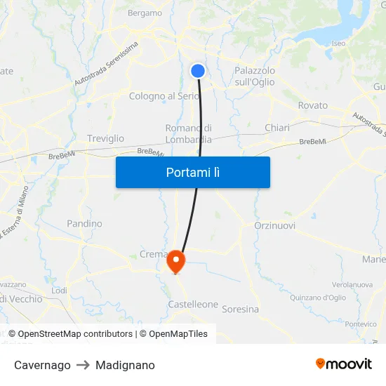 Cavernago to Madignano map