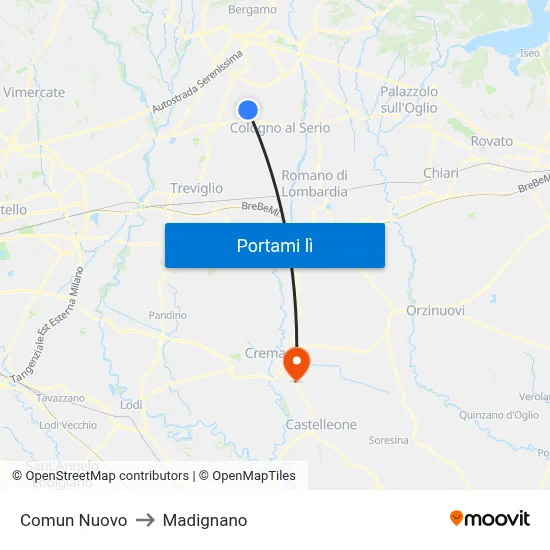 Comun Nuovo to Madignano map