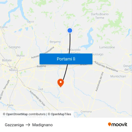 Gazzaniga to Madignano map