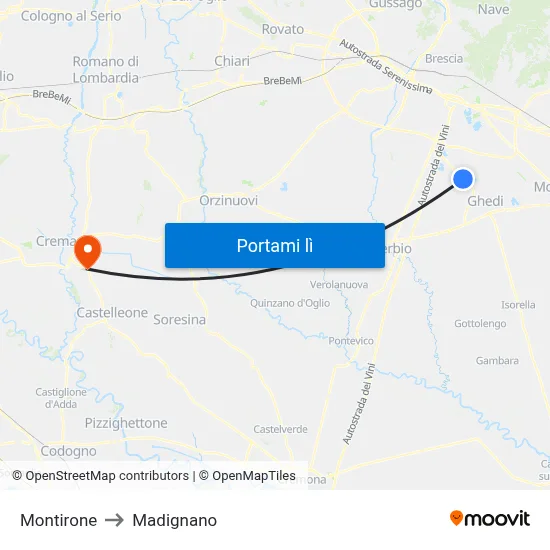 Montirone to Madignano map
