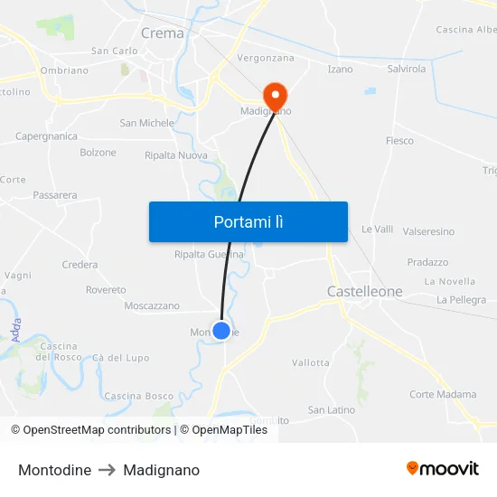 Montodine to Madignano map